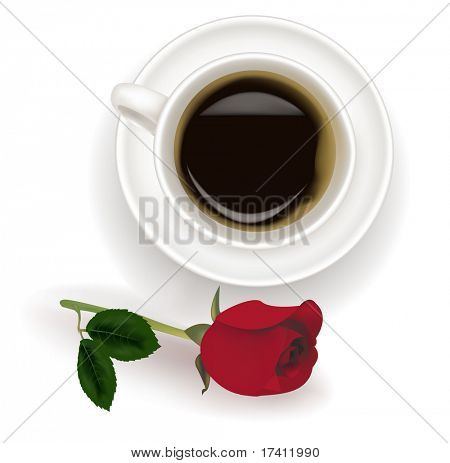 Vista superiore della tazza di caffè nero con rosa rossa. Vettoriale fotorealistica.