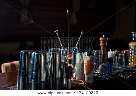 Bartender tools on bar at the night club