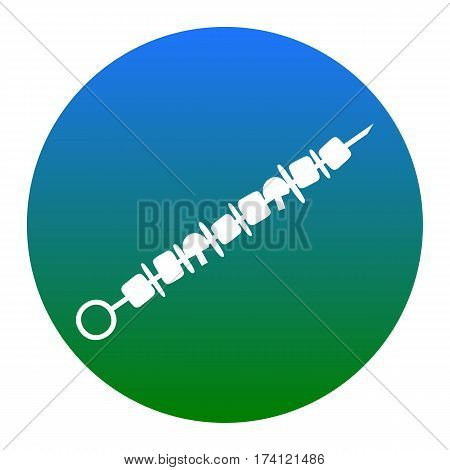 Shish kebab on skewers sign. Vector. White icon in bluish circle on white background. Isolated.