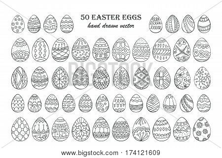 Big vector Easter egg set. 50 Easter hand-drawn decorative ornate egg elements for your design. Outline egg signs.