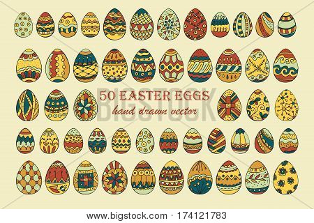 Big vector Easter egg set. 50 Easter hand-drawn decorative ornate egg elements for your design.