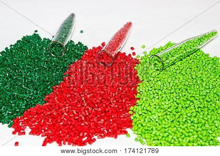 Polymeric dye. Plastic pellets. Colorant for plastics. Pigment in the granules.