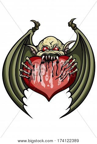 Illustration cartoon demon or a bat eating a valentine heart