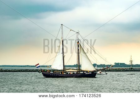 Rostock, Germany - August 2016: Sailing ship Twister on the sea. Tall Ship.Yachting and Sailing travel. Cruises and holidays