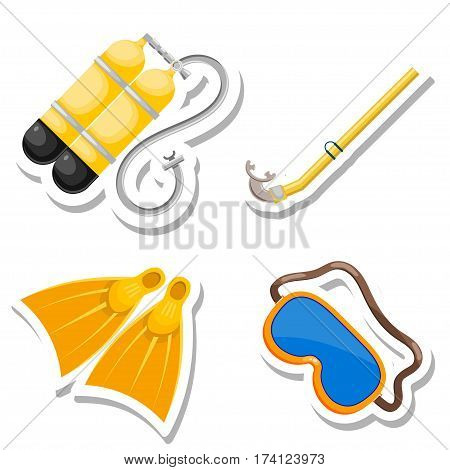 Set items diver cut from paper. Vector accessories dayviga in Cartoon style on a white background. Stock vector