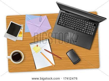 Notebook, telefon a kancelářské potřeby, na palubě. Vektor.