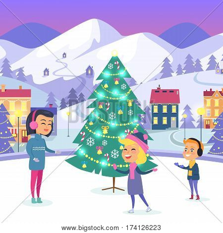 People on icerink near adorned evergreen tree in decorated Christmas town landscape. Vector cartoon illustration in flat design of celebrating New Year and spending xmas winter holidays outdoors