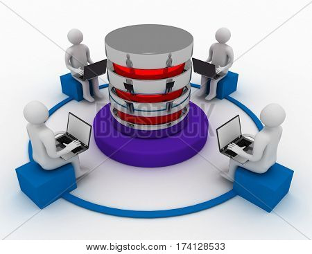 3d men with laptops connected to data server. data concept