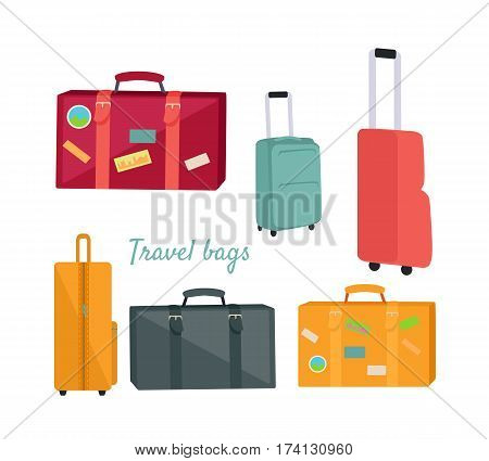 Set of travel suitcases and bags vectors. Flat design. Collection of various handle baggage. Colored suitcases with telescopic handle, wheels and stickers. For touristic concepts, travel companies ad