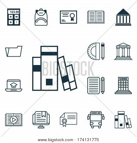 Set Of 16 School Icons. Includes Haversack, Education Center, Transport Vehicle And Other Symbols. Beautiful Design Elements.