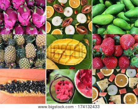Set of patterns with fruits. Collection of tropical fruits background.