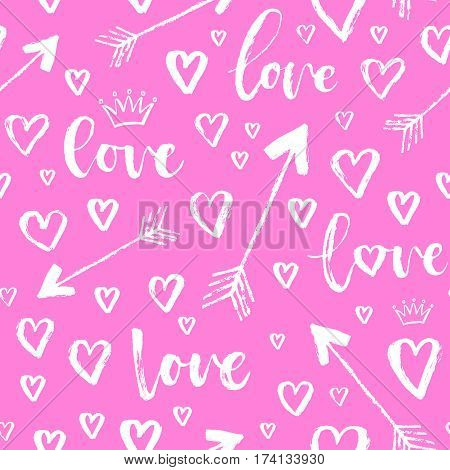 Vector Fashion Seamless Pattern With Hearts On Happy Valentines Day. Doodle Style