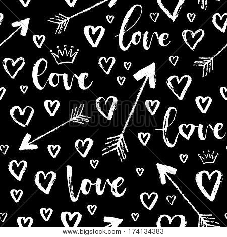 Vector Fashion Seamless Pattern With Hearts On Happy Valentines Day. Doodle Style