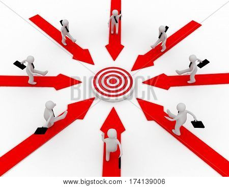 Businessmen are running on arrows pointing to a target at the center. 3d rendered illustration