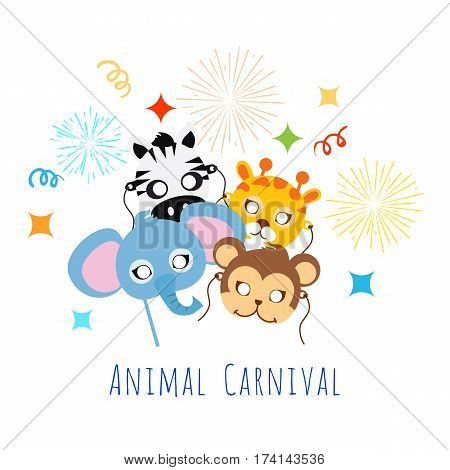 Animal Carnival funny childish masquerade masks with firework. Elephant with zebra, monkey near giraffe vector illustration. Masque for festival and children holiday. Dress code for kids in flat style