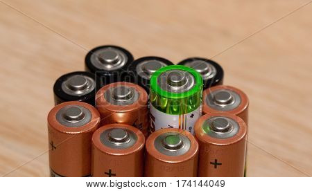 Many batteries in different colors, top view.