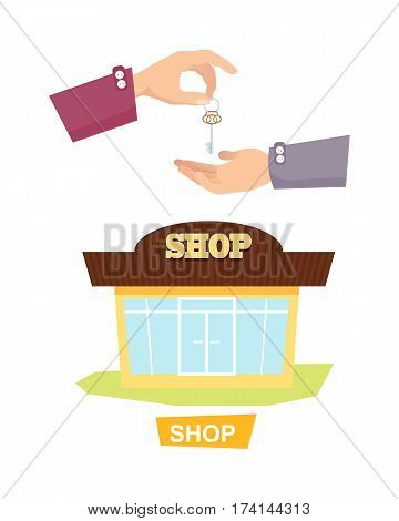 Shop and hand passing key vector in flat style. Process of buying or renting shop. Illustration of giving key and isolated colourful store on white. Agreement trade purchase concept in cartoon design