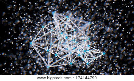 Colorful atom grid plexus shape blur bokeh defocused on black background