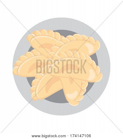 Dumplings on a plate . Ukrainian food. European cuisine. Vector illustration
