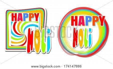 Bright colorful banner set for the Hindu spring festival of colors. Happy Holi. Round and square banners for Holi festival. Vector illustration isolated on white background