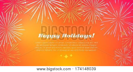 Happy holidays banner in flat style with best fireworks salute elements. Fireworks festival with kinds of fireworks on orange pyrotechnical background. Vector illustration for birthday celebration