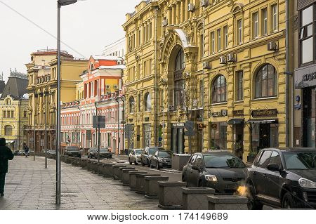 Moscow, Russia - January 22, 2017: Historical Street Kuznetsky Most in Moscow overcast day
