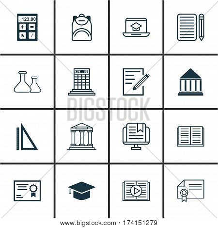 Set Of 16 School Icons. Includes Electronic Tool, Opened Book, Education Center And Other Symbols. Beautiful Design Elements.