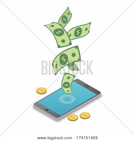 Mobile payment. Money flying out of phone. Isolated illustration.