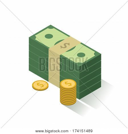 Cash icon. Stack of dollars and coins. Isolated on white. Vector element for your design.