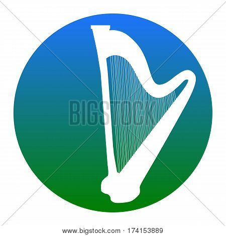 Musical instrument harp sign. Vector. White icon in bluish circle on white background. Isolated.