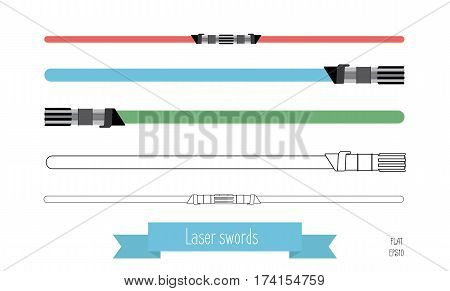 The flat illustration swords. Multi-colored flat swords and swords in the lines.