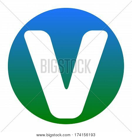 Letter V sign design template element. Vector. White icon in bluish circle on white background. Isolated.