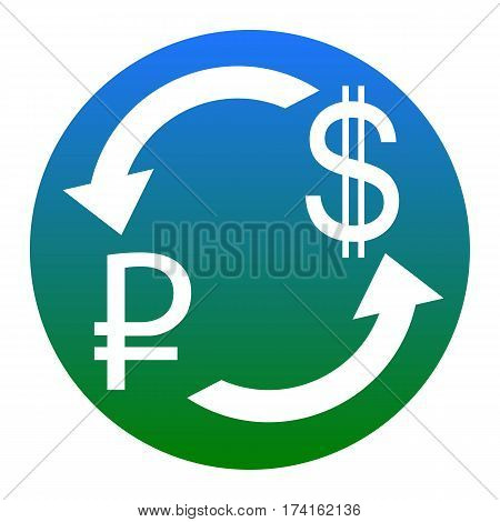Currency exchange sign. Rouble and US Dollar Vector. White icon in bluish circle on white background. Isolated.