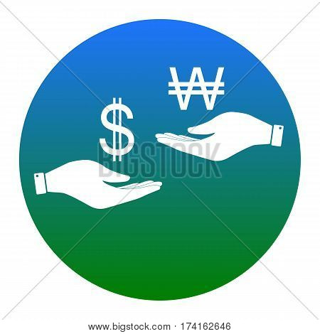 Currency exchange from hand to hand. Dollar and South Korea Won. Vector. White icon in bluish circle on white background. Isolated.