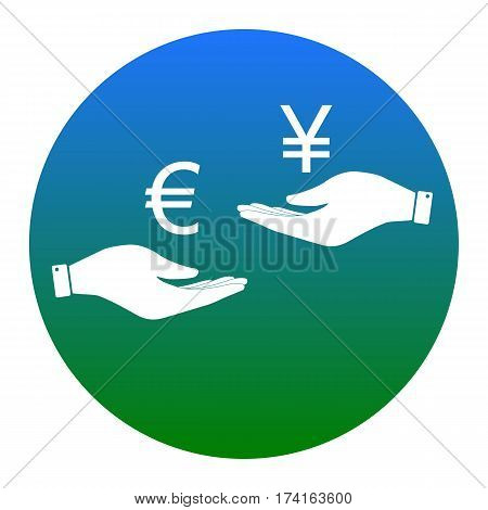 Currency exchange from hand to hand. Euro and Yen. Vector. White icon in bluish circle on white background. Isolated.