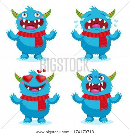 Cute Monsters Emotions Happy Angry Crying And Love. Vector Set Solated On White Background. Cartoon Face Emotions Set. Greatest Emotional Triggers.