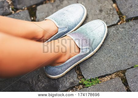 Fashion girl's silver grey skate shoes .