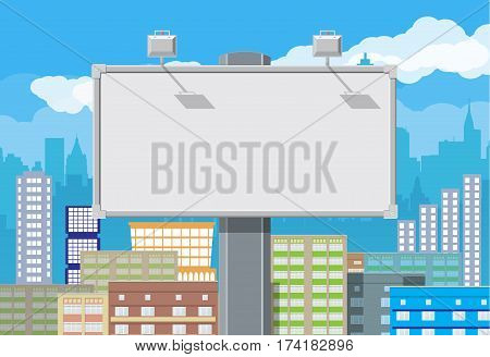 Empty urban big board or billboard with lamp. Blank mockup. Marketing and advertisement. Cityscape background with buildings, sky and clouds. Vector illustration in flat style