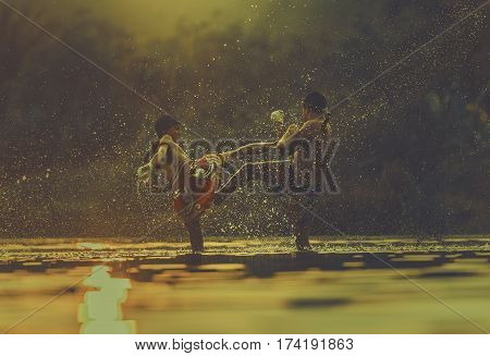 Thai boxing at the river.Boxing and fighting to protect.