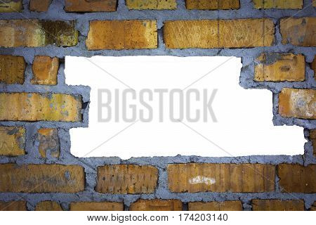 Brick wall close. Red, yellow and gray colors. Carved photo center. Background.