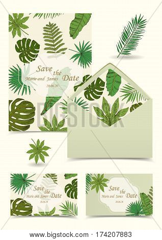 Floral tropical wedding set with isolated palm leaves hand drawn in sketch style. Envelope business cards invitation. Vector illustration.