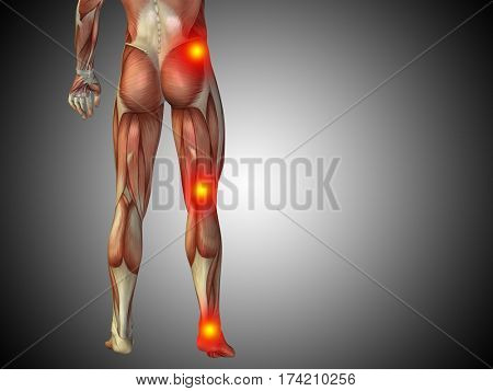 Conceptual 3D illustration of human man anatomy lower body or health design, joint or articular pain, ache or injury on gray gradient background