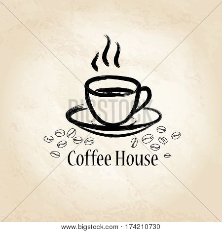 Coffee house background. Cafe vintage poster or banner. Coffe cup with coffee beans sign.