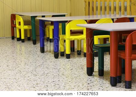 Small Colored Benches And Seats Of A Class Of A Preschool