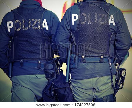 Two Italian Cops With The Words Polizia That Means Police In Ita