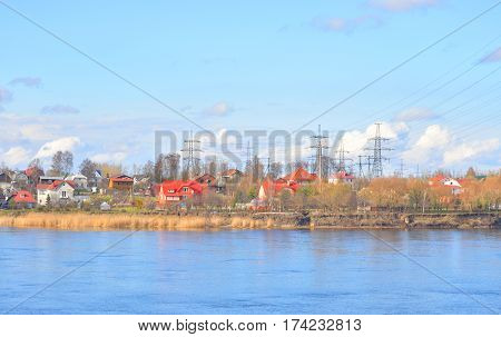 View of Neva River on the outskirts of St. Petersburg at sunny spring day Russia.
