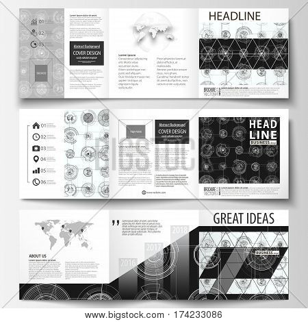 Business templates for square tri fold brochures. Leaflet cover, flat layout, easy editable vector. High tech design, connecting system. Science and technology concept. Futuristic abstract background