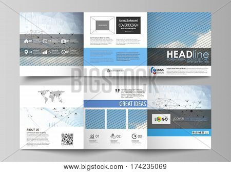 Set of business templates for tri fold square design brochures. Leaflet cover, abstract flat layout, easy editable vector. Blue color abstract infographic background in minimalist style made from lines, symbols, charts, diagrams and other elements.