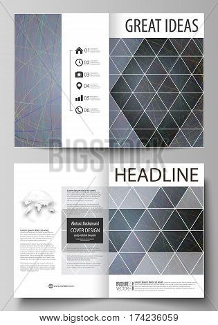 Business templates for bi fold brochure, magazine, flyer, booklet or annual report. Cover design template, easy editable vector, abstract flat layout in A4 size. Colorful dark background with abstract lines. Bright color chaotic, random, messy curves. Col