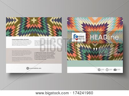 Business templates for square design brochure, magazine, flyer, booklet or annual report. Leaflet cover, abstract flat layout, easy editable vector. Tribal pattern, geometrical ornament in ethno syle, ethnic hipster backdrop, vintage fashion background.